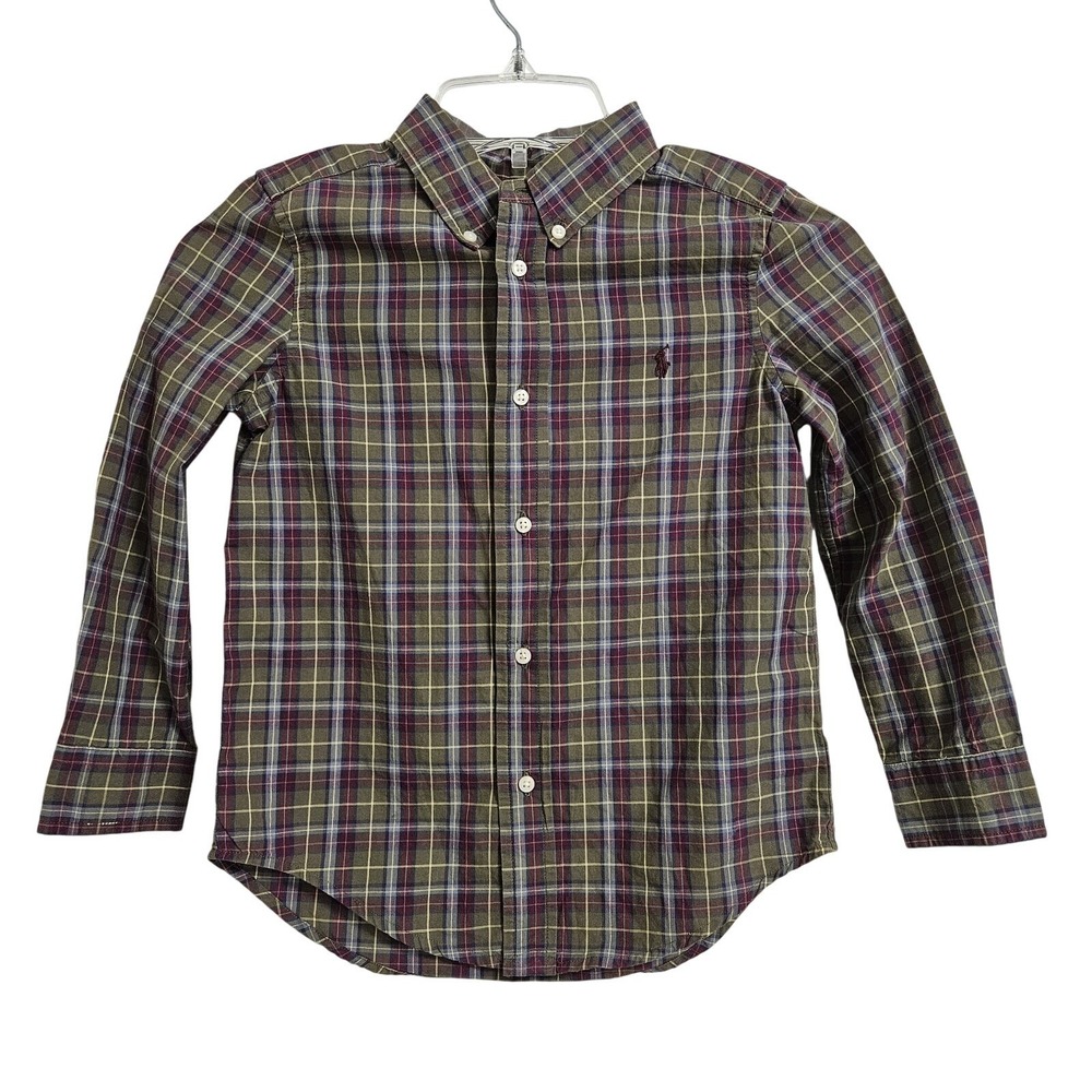 Ralph Lauren Shirt Boys 5 Green Plaid Button Down Long Sleeve Pony Logo Cotton